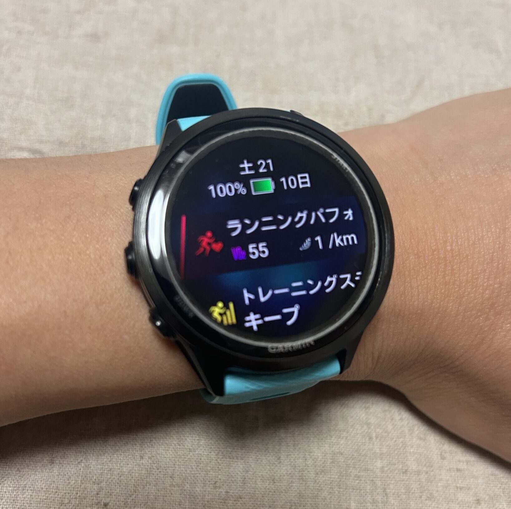 Garmin 570の満充電時にバッテリー残り10日と表示されている画面