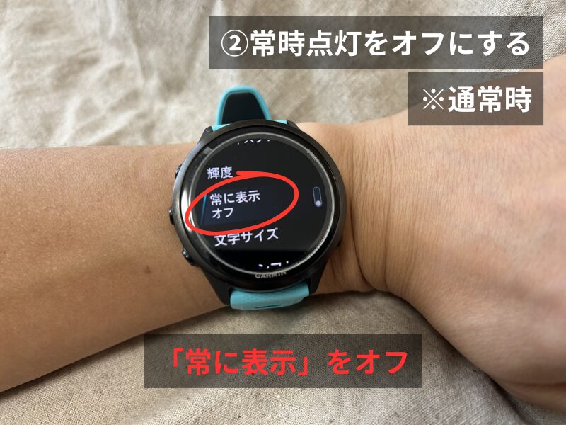 Garmin 570の常に表示オフ設定画面