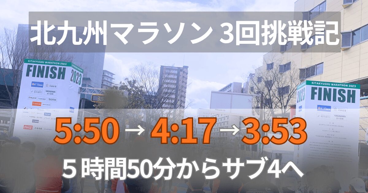 北九州マラソンのフィニッシュゲートを背景に、3回の挑戦タイム（5時間50分台→4時間17分台→3時間53分台）を示したアイキャッチ画像